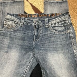 men's Rock Revival Jeans 36/33 "Harmon" Straight. Some distressing lighter wash.
